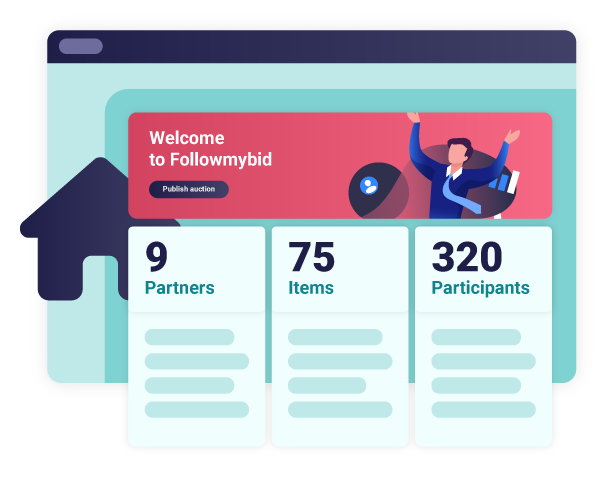 The platform’s dashboard displays the “Publish auction” button in the “Welcome to Followmybid” banner, giving you the flexibility to publish your interactive auction whenever you want.