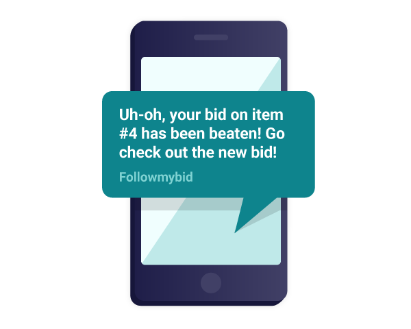 An automated message from the virtual auction platform encourages overbidding by saying, “Uh-oh, your bid on item #4 has been beaten! Go check out the new bid!”.