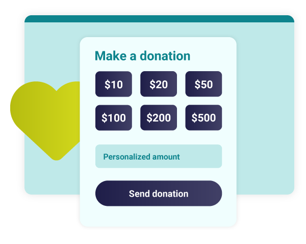 The donation pop-up of the online auction platform is open and displays the options for amounts to donate.