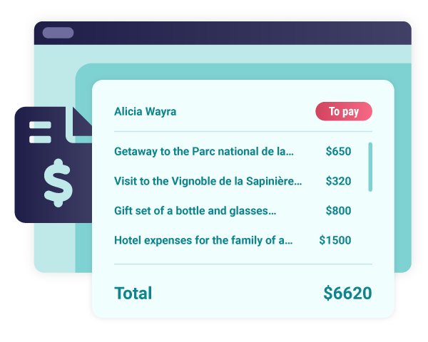 An invoice displays the items won by a participant and the total amount to be paid to the organization.