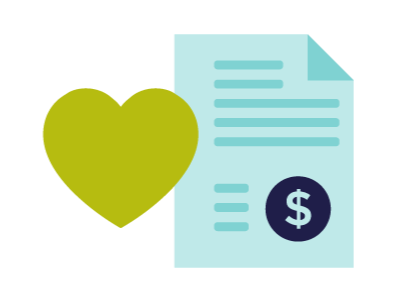 An invoice and a heart that symbolize the online payment of donations.
