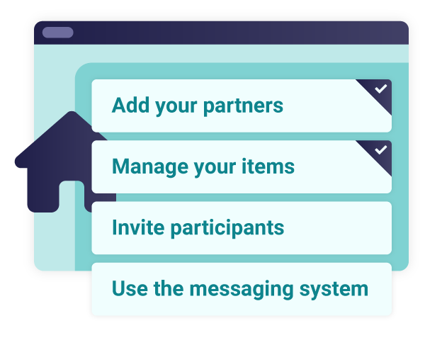 The list of steps for creating a web auction suggest adding partners, managing items, adding participants and using the messaging system.
