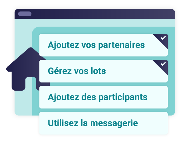 La liste des étapes pour la création d’un encan Web propose d’ajouter des partenaires, de gérer les lots, d’ajouter des participants et d’utiliser le système de messagerie.