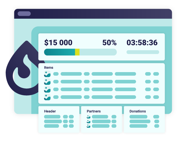 A sample dashboard shows that an organization has raised $15,000, which is 50% of their goal with 3 hours left in the web auction.