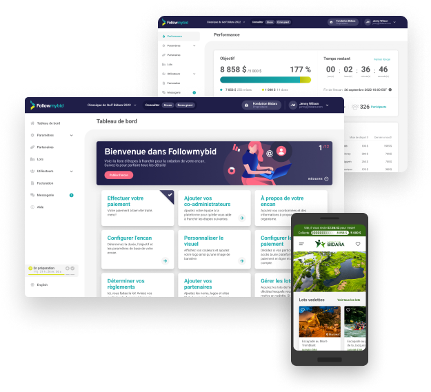 Screenshot of the performance page and homepage of an online auction in desktop and mobile format Followmybid.