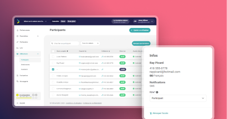 Écran de l’interface de bureau de la page de gestion des participants d’une plateforme d’encans en ligne et une image d’une vue mobile des coordonnées d’un participant