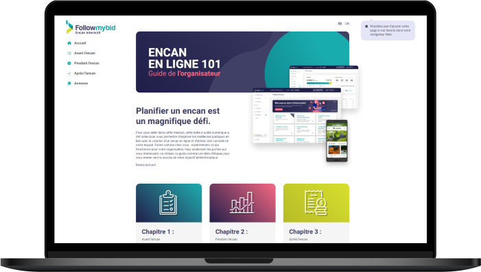 Écran d’ordinateur portable affichant le guide de l’organisateur pour l’organisation d’encans en ligne