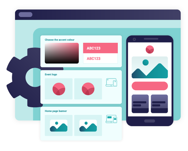 Illustration of a web interface in desktop and mobile versions overlaid on a gear.