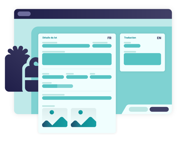 La page d’édition de lots de notre plateforme d’encans silencieux. On peut y écrire des détails à propos du lot et en faire la traduction pour créer un encan bilingue.