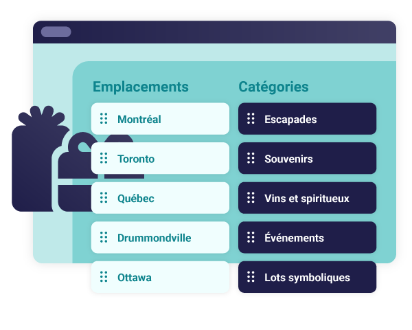 La section de notre plateforme d’encans silencieux qui permet de gérer les catégories et les emplacements des lots.