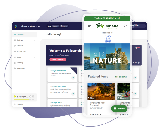 Screenshot of Followmybid’s dashboard in desktop version overlaid by a screenshot of the mobile version.