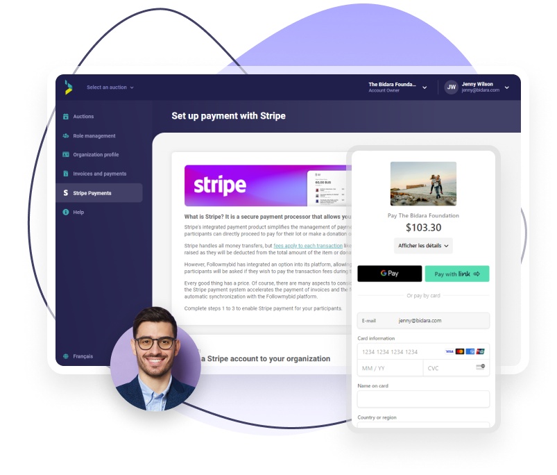 Photo of a young man, and screenshots of Stripe's configuration page and a mobile page for paying for an item.