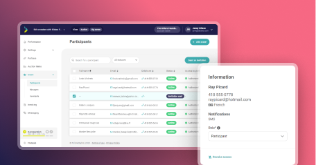 Desktop screen of the participants management page of an online auction platform and a mobile view of a participant’s contact details