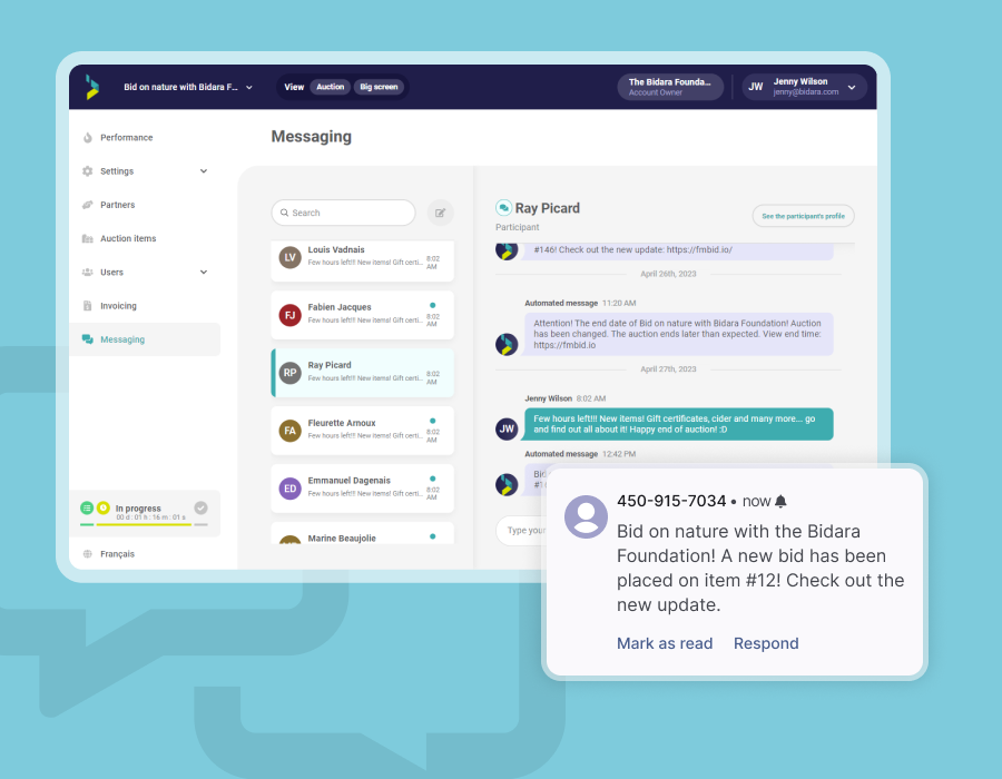Screenshot of the Followmybid platform showing the instant messaging system.