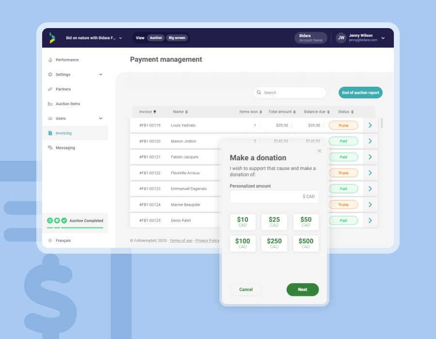 Screenshot of the Followmybid platform showing the Manage online payment section.